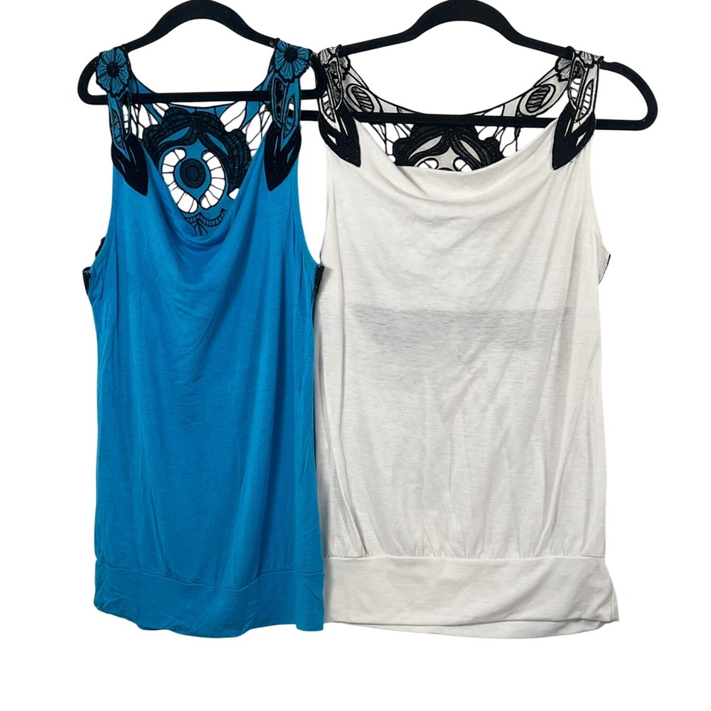 Body Central Y2K Blue White Black Floral Racer Back Tank Tops Small Grunge Punk